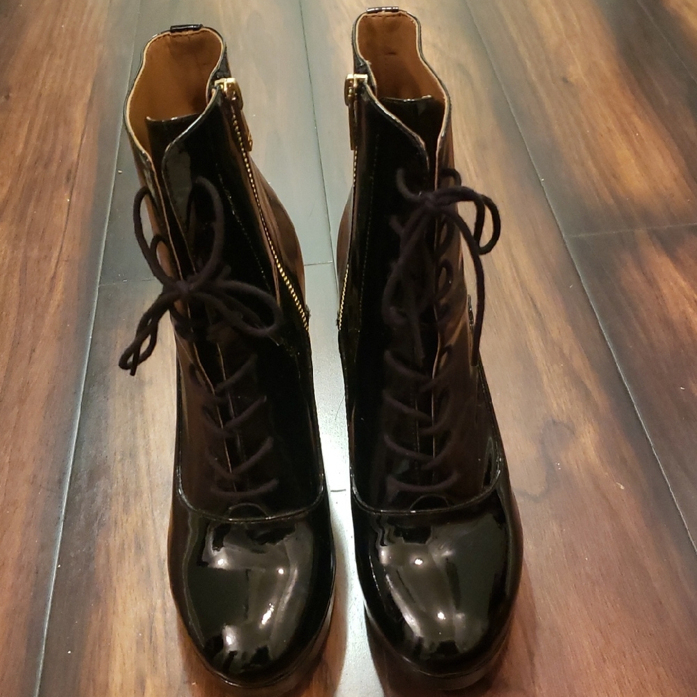 Elegant Black Patent Lace-Up Boots